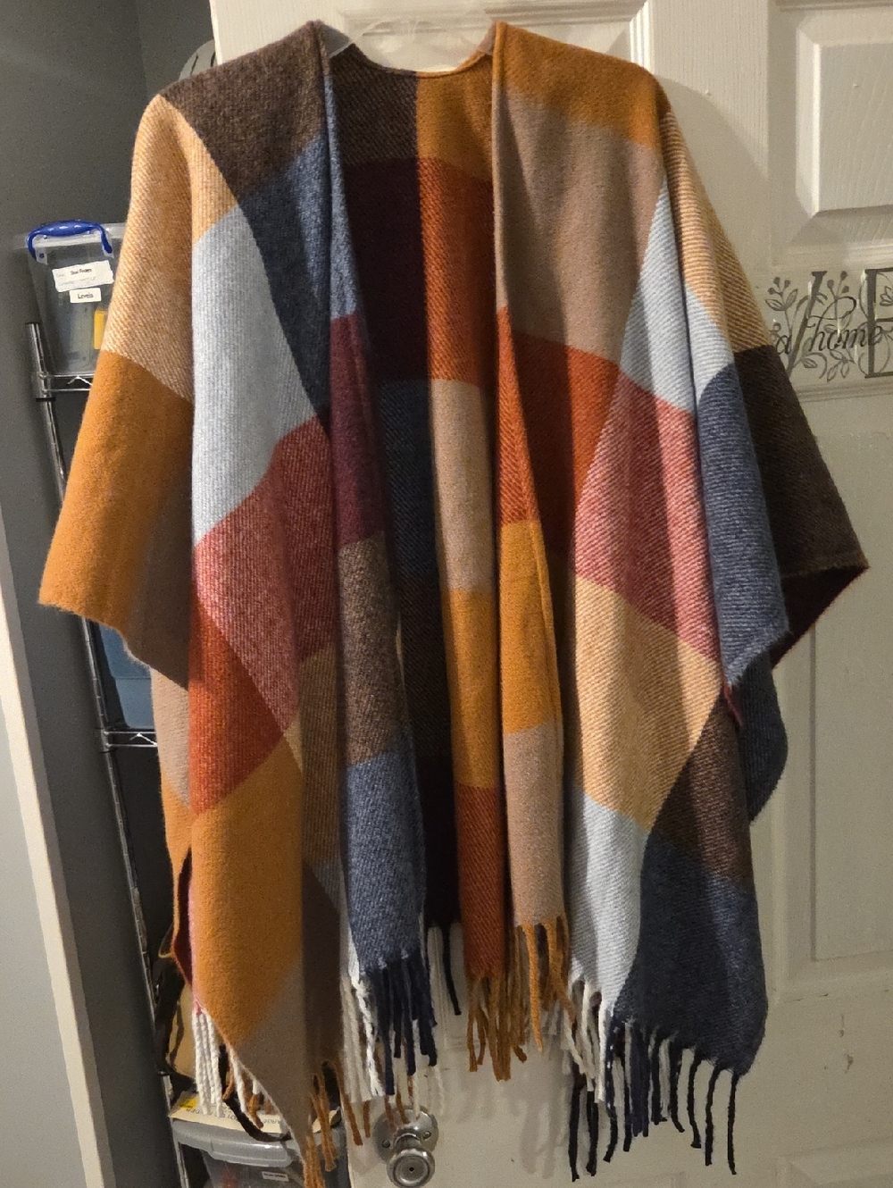 Multicolor Plaid Fringe Throw Blanket - Rust, Blue & Cream